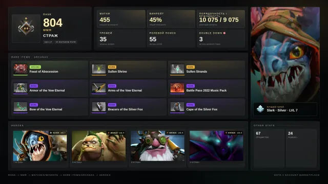 ⛩️💜Guardian 1 | 804 MMR | 9075 HONOR | 35 trophies💜⛩️Pudge arcana💜55 tokens💜⛩️, Sale, 800 MMR, 9075 honor, 7200 politeness, 455 matches, 402 hours