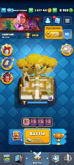 👑KT 15 •⚜️LV 58 • 🧬106 Lv14/9 Lv15🏆 9400 Trophies • 🃏 118/121Cards• 💎 8400 Gems • ARENA 24, 24 арена, 58 уровень, 9400 кубков, 118 карт, Есть