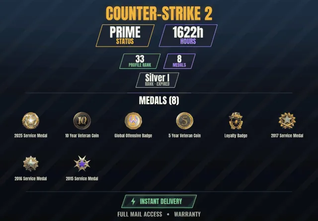 【CS2 Prime✨1600h🏆8 medals】 10-year veteran coin, Service medal 2015, Service medal 2016, Sale, With inventory, Has PRIME