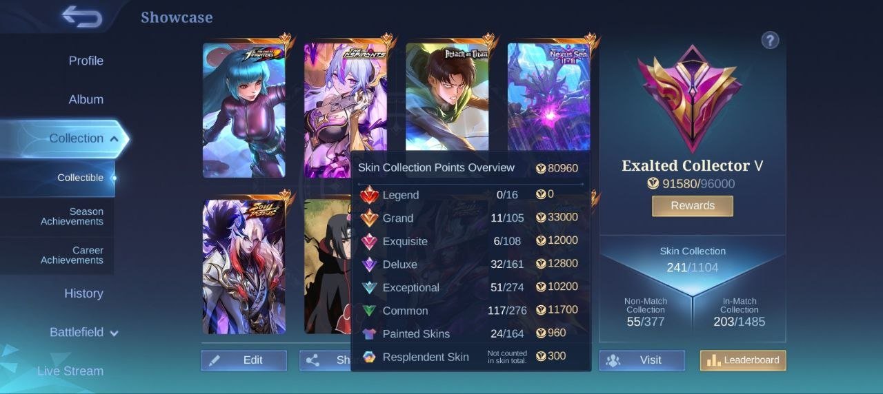 Selling personal Mobile Legends account: Naruto Julian • KOF Aurora • Attack on Titan Martis, Sale, Rank: Mythic, Level: 51, Winrate: 48%, Heroes: 103, Skins: 241