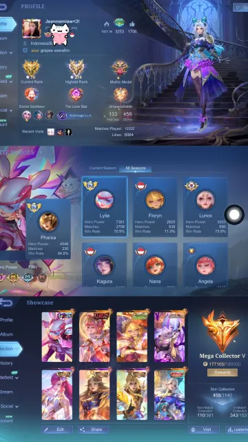 274 ⭐ | Airplane Border, MAGE ACCOUNT (2 EX-GLOBAL HEROES: LYLIA & PHARSA), Clean WR 70–80%, Sale, Rank: Mythical Immortal, Level: 154, Win Rate: 71%, Heroes: 133, Skins: 458