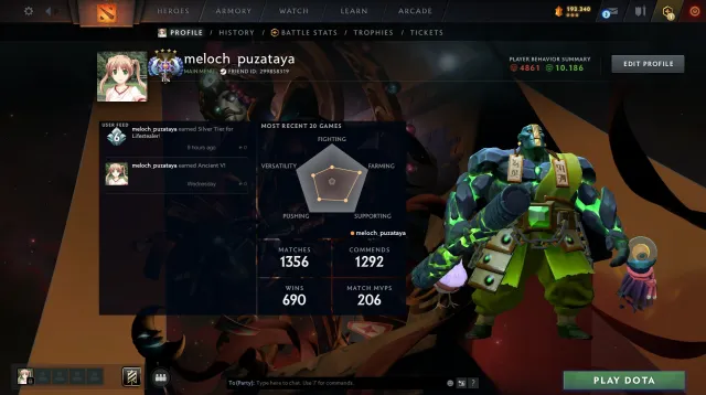 ✨MAIN PULL 4360 MMR✨SKEINS, DOTA+ ✨ PHRASES ✨ 49 TROPHIES ✨ AUTO-ISSUE, Sale, 4360 MMR, 10186 integrity, 4861 politeness, 1356 matches, 1835 hours