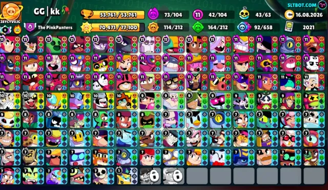 🏆53761🏆🍆👕369 Skins👕🍆🧽SpongeBob Battle Pass🧽🍆☀️Solar 2☀️🍆💪42 B Power Level 11💪Brown Brock🍆Mecha SKINS, trophies 53761, brawlers 104, primes 31