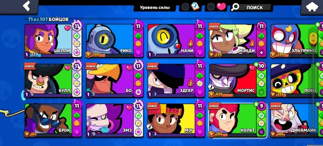 Brawl account (many skins 9 brawlers at power 11), 12873 trophies, 71 brawlers, 7 primes