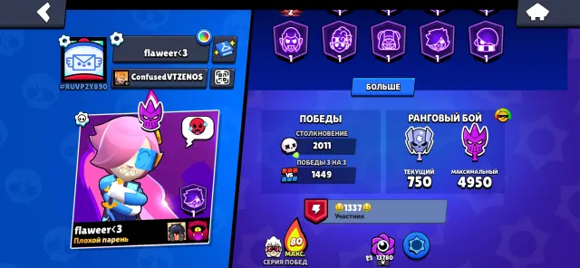 not bad account 2024 year many leveled brawlers a bunch of skins 14k coins 20k power points 40021 trophies 91 brawlers 15 primes