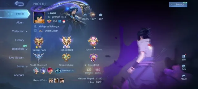 💜 Legend Franco 💜Naruto Gossen-Su Yo,Gold Chu,Aspirant Angela-Chane,Collector Badang💜, Sale, Rank: Mythic, Level: 116, Winrate: 58%, Heroes: 133, Skins: 459