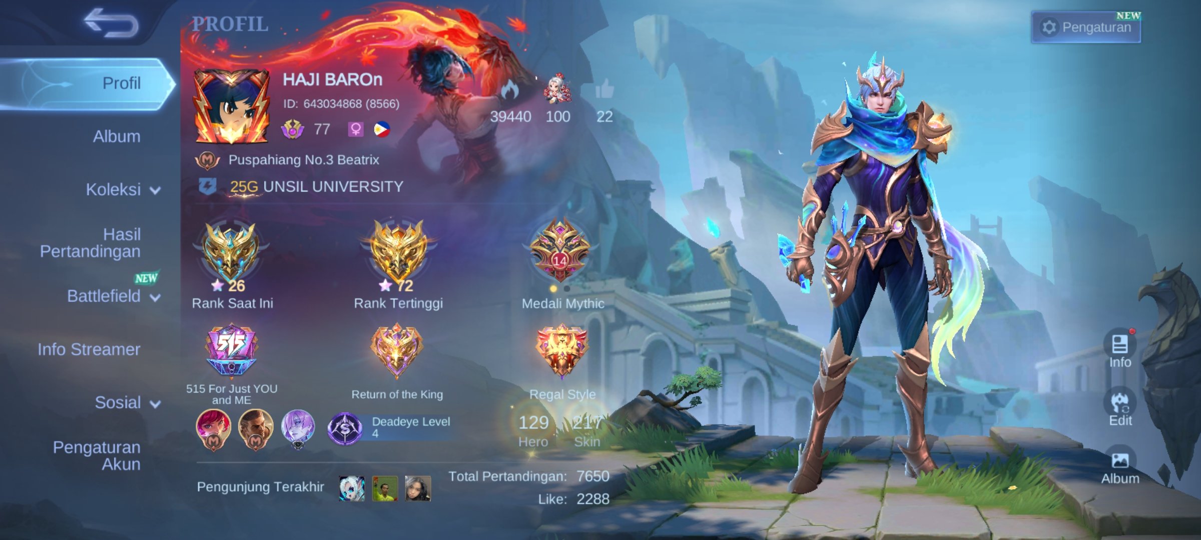 SAFE & CHEAP | EMBLEM MAX, KARINA KOF AND HAVE 21 EPIC SKIN, Sale, Rank: Mythic, Level: 107, Winrate: 51%, Heroes: 129, Skins: 217