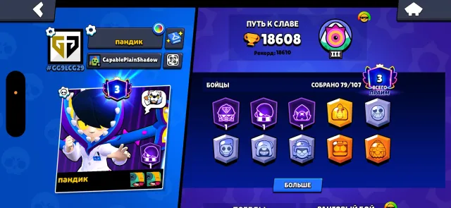 Very top account with expensive skins and very top, 18608 trophies, 79 brawlers, 4 primes