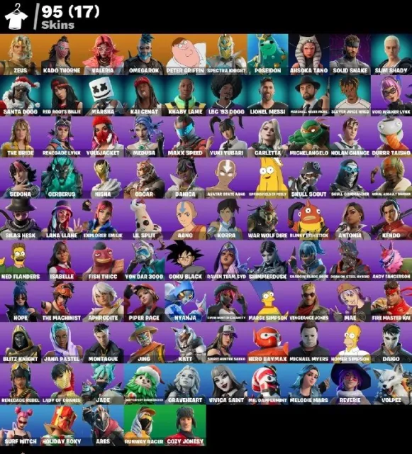 [PC/XBOX/PSN] 🎮 95 SKINS | ⭐ NIVEAU 724 | ⚡ ZEUS | 🔥 PETER GRIFFIN | 🐍 SOLID SNAKE | 💰 950 V-BUCKS, Vente, skins 95