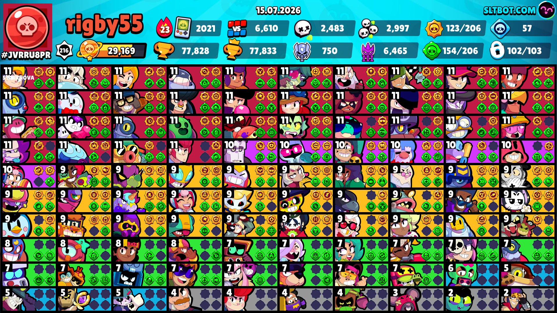 🟢🌟𝗕𝗥𝗔𝗪𝗟 𝗦𝗧𝗔𝗥𝗦 🟢🌟【 9 LEG + SUPERLEGA | 8 LEGENDARY SKINS | 4 HYPERCHARGED SKINS 】🟢🌟【 WITH POSTAL 】🟢🌟, trophies 77828, brawlers 102, primes 61