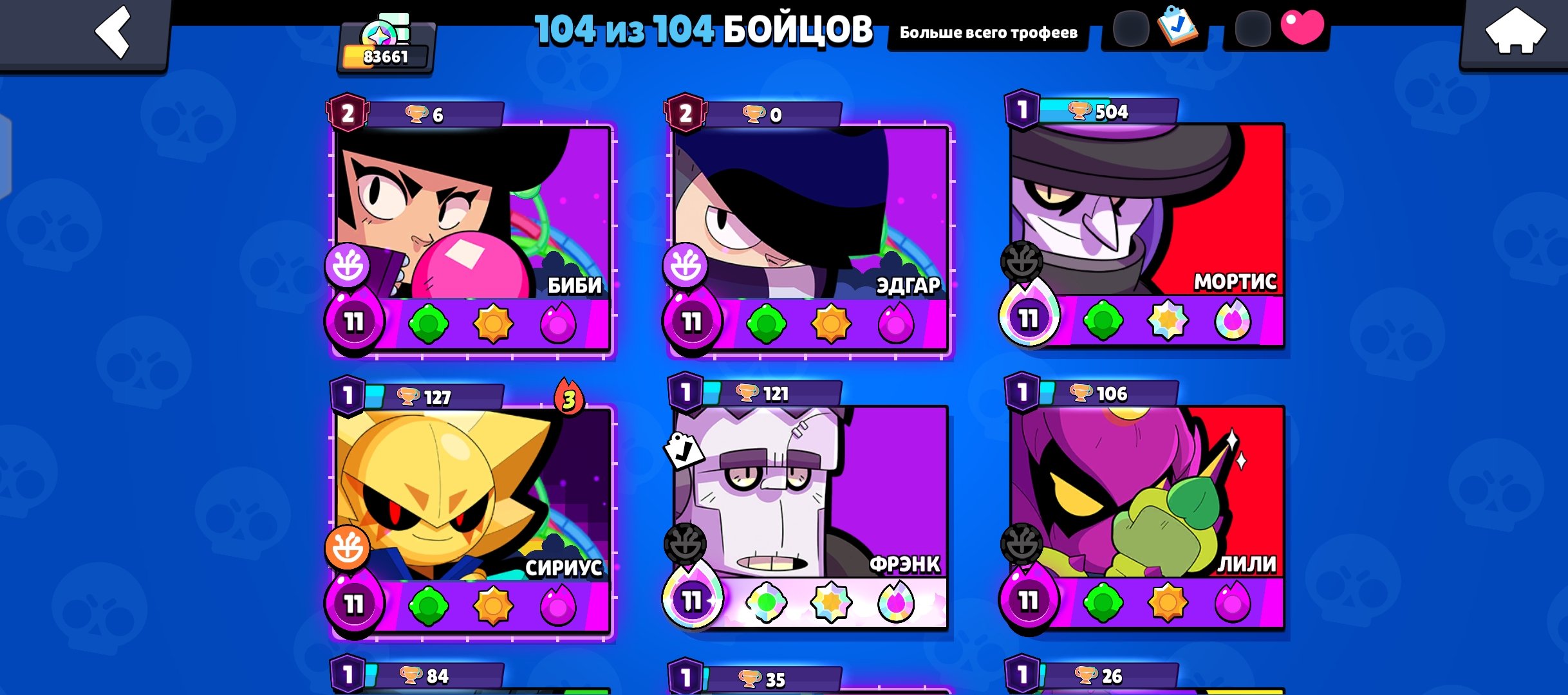 Selling account: 104 Brawlers, 55 Primes, and many different skins; DM for detailed photos., trophies 83600, brawlers 104, primes 55