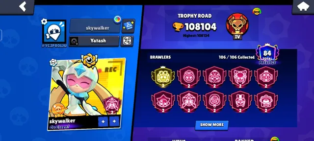Selling Brawl Stars account, 108134 trophies, 106 brawlers, 84 primes