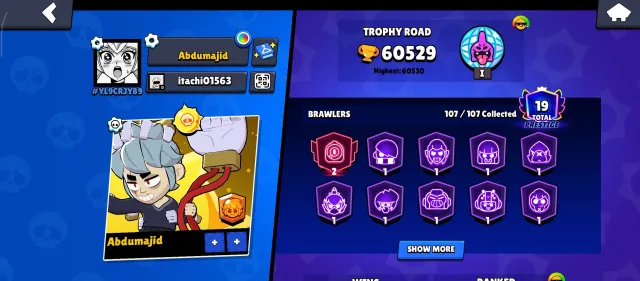 Brawl Stars — linking account to Gmail | No bans, 60529 trophies, 107 brawlers, 19 primes