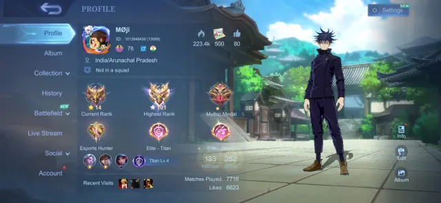 💎 148 Magic Cores 🍥 Julian Megumi 👑 Alucard ⭐ Moskov 🥊 Chou ⚔️ Martis Lucky Box 🏆 TLPH Recall, Sale, Rank: Mythical Immortal, Level: 78, Winrate: 55%, Heroes: 133, Skins: 252