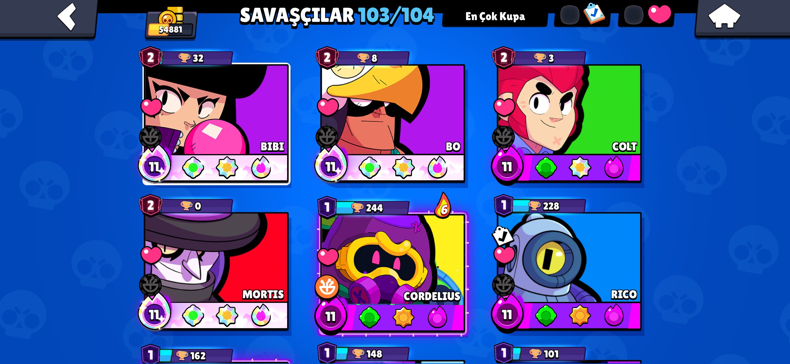 Brawl Stars | 54.9K 🏆 | 103/104 Brawlers | 33 Prestige | Many P11 | Rare Skins, trophies 54881, brawlers 103, primes 33