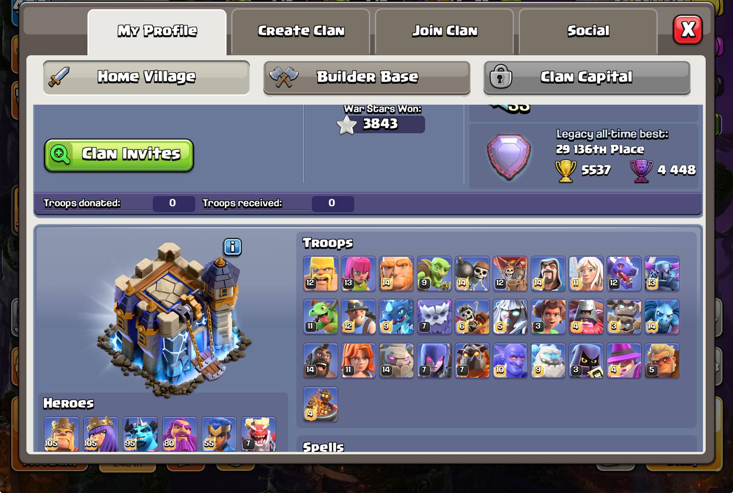 ✨Legend Level 480 3800 war 16skin + frozen full set shop60%dis, 18 TH Main Village