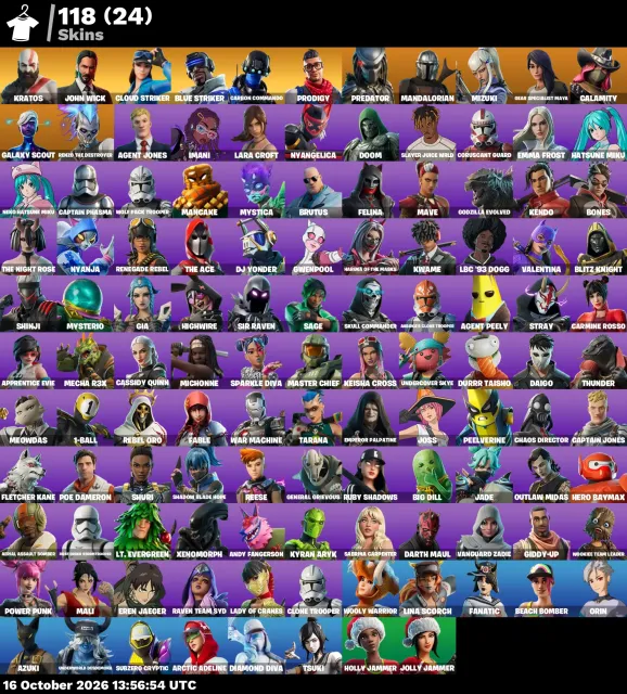 🔥 【FORTNITE】 💚 Kratos, Lara Croft, Take The Elf, John Wick 💚 118 skins | 1572 niv. | 250 V-Bucks, Vente, skins 118