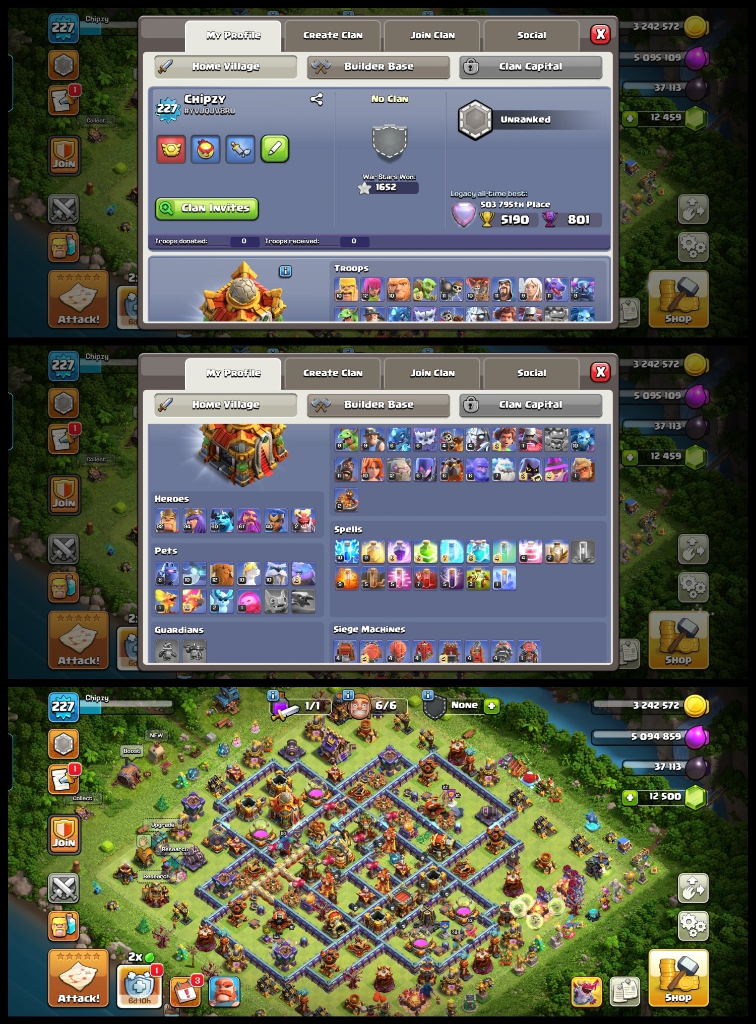 [227 EXP]-Max Th16-[12.5K GEMS]-5x EPIC EQ-Hero(92,95,60,67,40,)-Stacked Magic Item-260 CWL-12x Skin, 16 TH Main Village, 10 TH Builder