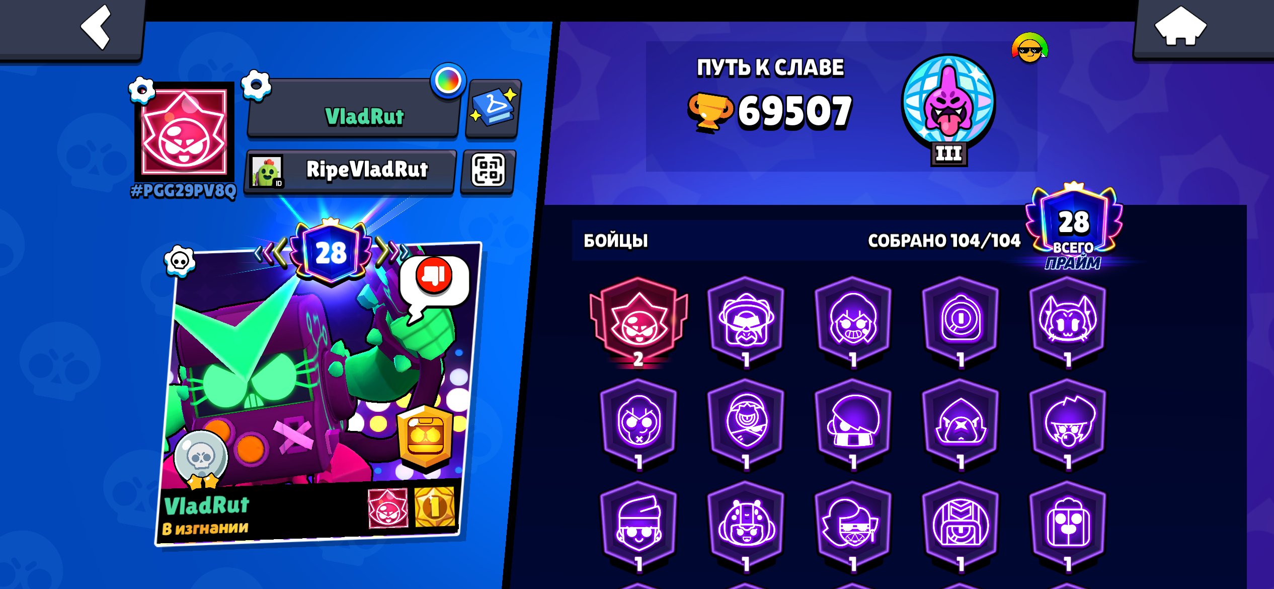 104 brawlers | 2019 | 11 legendary skins | 28 prime | 2 bp | 36 11 powet, trophies 69500, brawlers 104, primes 28