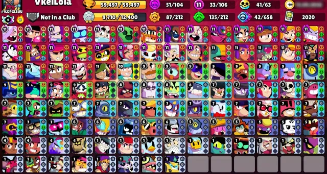 😍BP SKINS💎🏆59497 CUPS🏆🥊106/106 BRAWLERS🥊🌈238 SKINS ≈25K GEMS🔥✅33 11x POWER✅