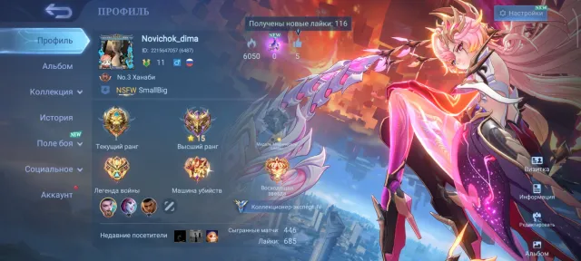Selling account with two aspirants and two exquisite, Rank: Legend, Level: 11, Win rate: 50%, Heroes: 50, Skins: 60