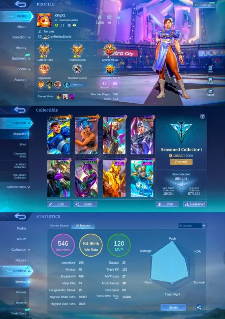 Street Fighter Guinevere Chun-Li, KOF Karina, M7 Granger, Dual Account, Global 🔥, Sale, Rank: Mythic, Level: 41, Win Rate: 64%, Heroes: 64, Skins: 85