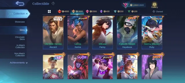 legend Star war's alucard⇨Selena💎Naruto Hayabusa⇨suyou💥Gusion⇨aspirnt⇨Ruby⇨Mikasa⇨Fanny, Продажа, Ранг: Мифический Бессмертный, Уровень: 86, Процент побед: 50%, Герои: 132, Облики: 344