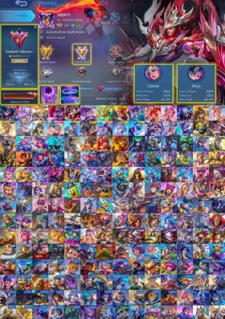 🔥 Legendary Mia, Vessel Clint, Aspirant Leslie, Allstar Hanabi, Mworld Wanwan, Prime Granger, Sale, Rank: Mythic Immortal, Level: 147, Win Rate: 48%, Heroes: 133, Skins: 458