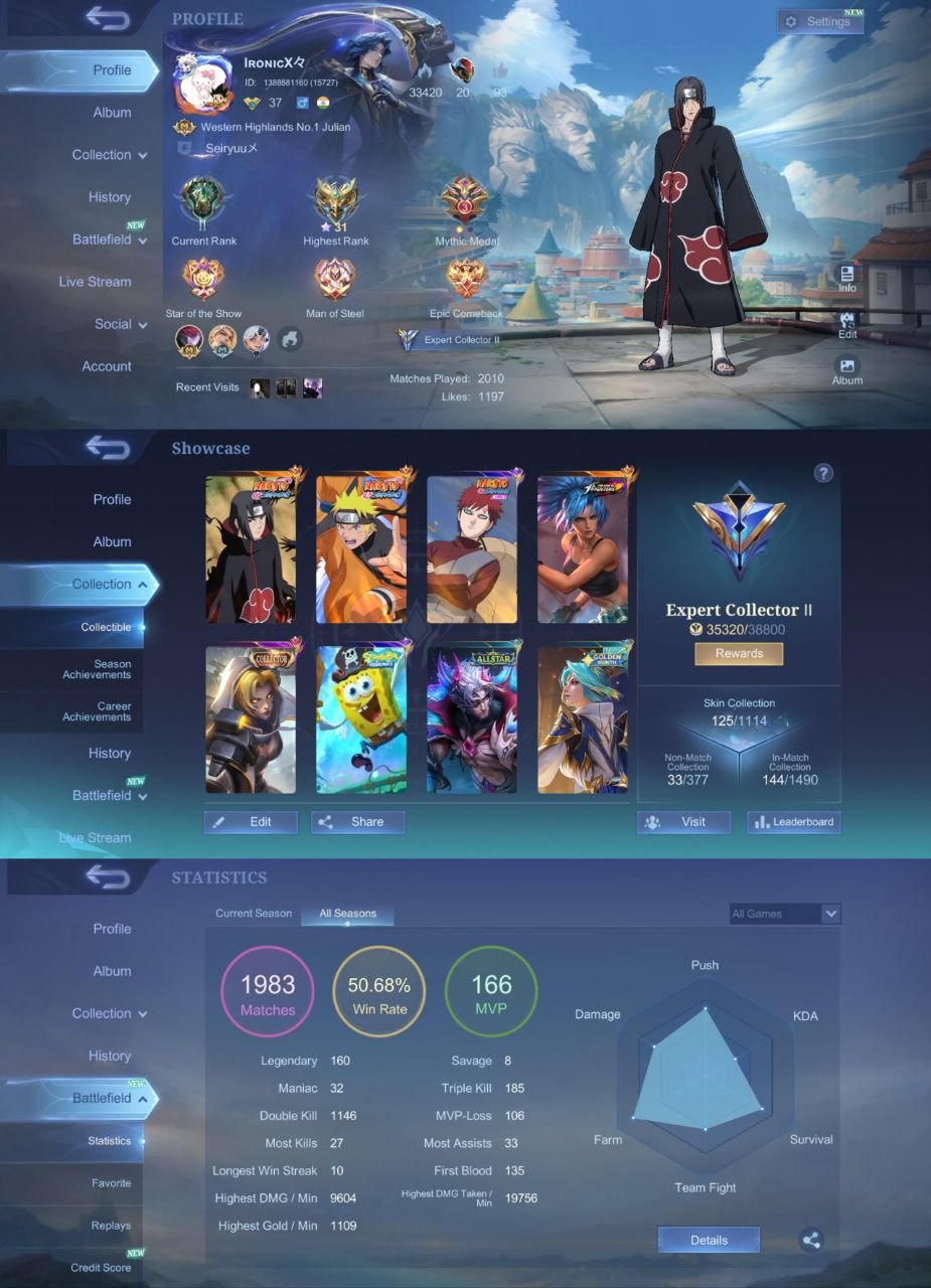 Akai po/ legend alucard/ kof and coll dyroth, Sale, Rank: Mythic, Level: 60, Winrate: 50%, Heroes: 120, Skins: 125