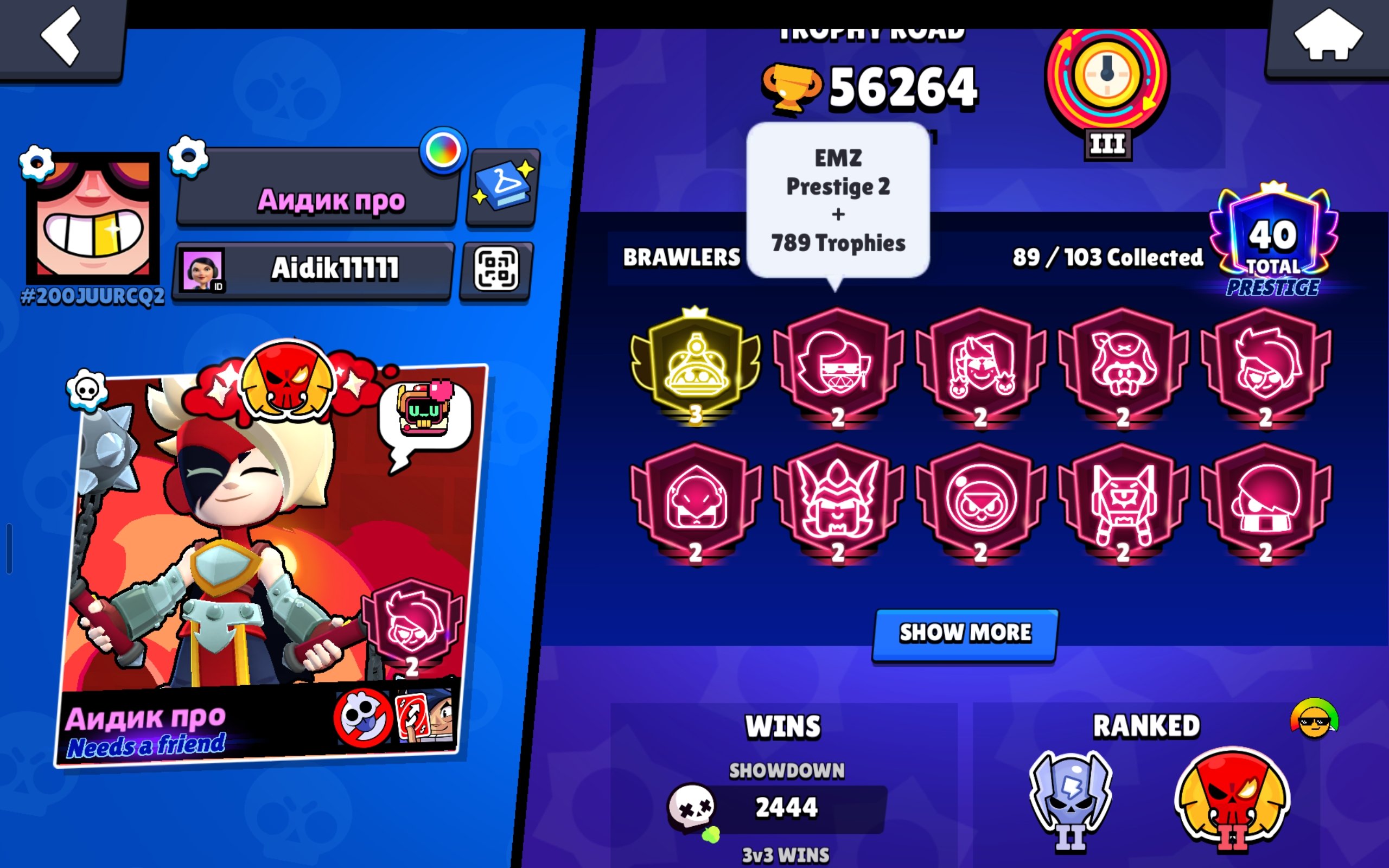 🤩 MEGA ACCOUNT🤑THIRD 3 PRIME ON GLOWY AND 2789 ON EMZ🤪28-11 LVL🤭11-2 PRIMEREBINGING, trophies 56264, brawlers 90, primes 40