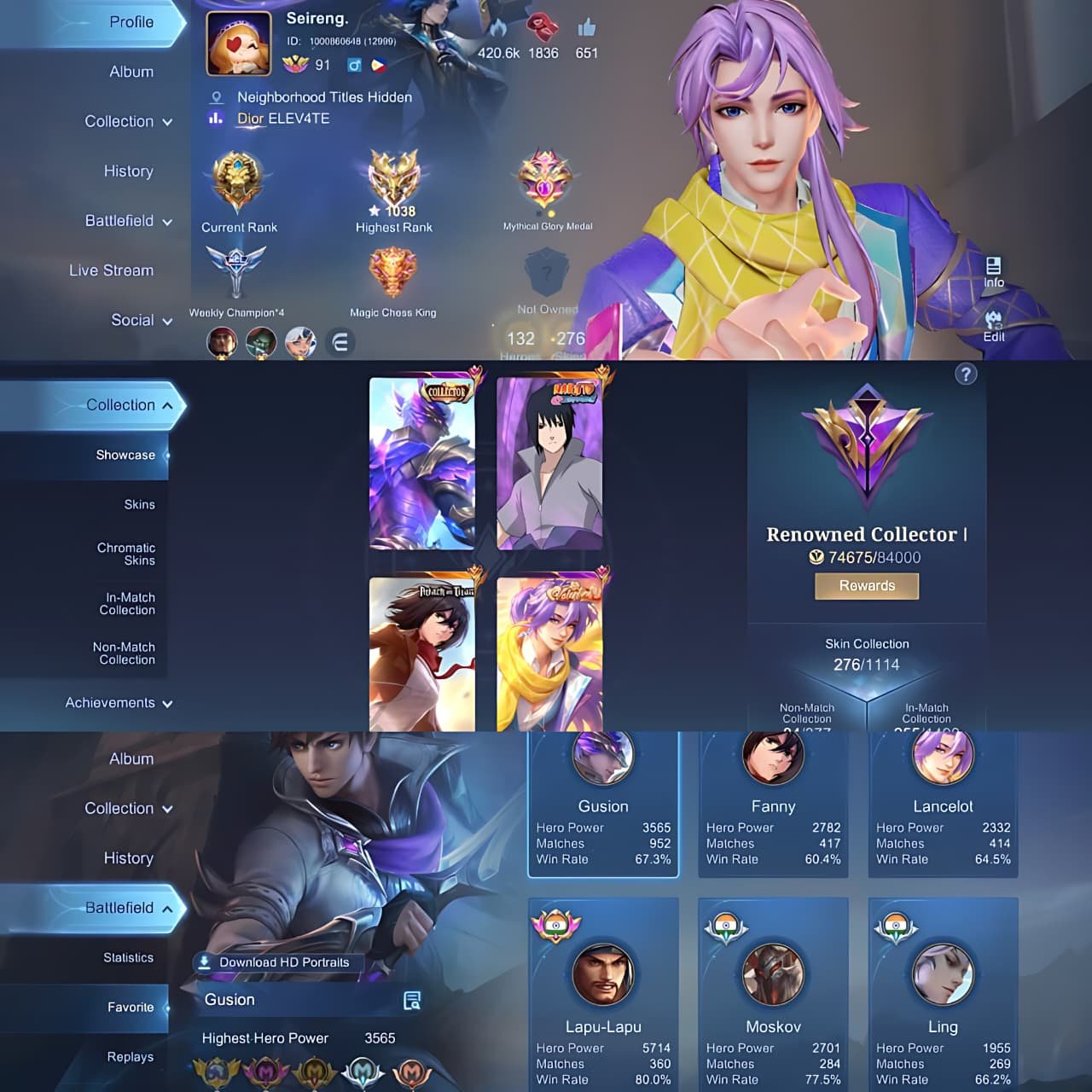 ✅🆔 1030 Stars | High Win Rate | Has a couple of good skins, Sale, Rank: Legend, Level: 91, Winrate: 65%, Heroes: 132, Skins: 276