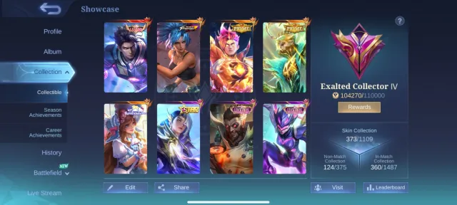 🔥104K Points🔥 Legend Alucard, Prime Claude-Yu zhong, kof karina, 6 zodiac, Sale, Rank: Mythical Immortal, Level: 148, Winrate: 49%, Heroes: 133, Skins: 373