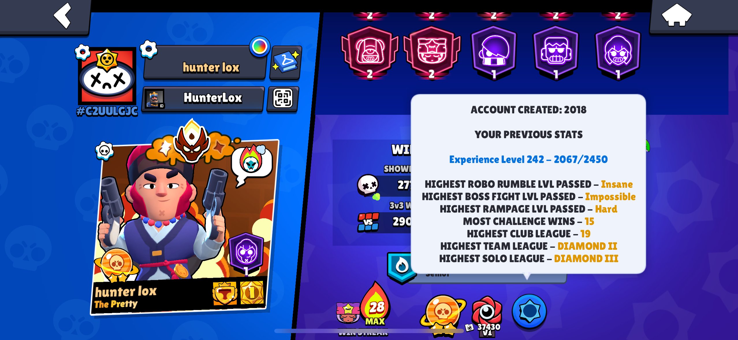 2018 account , 103 brawlers, all buffies, OG skins, spray and pins, new mastery, trophies 67000, brawlers 103, primes 61