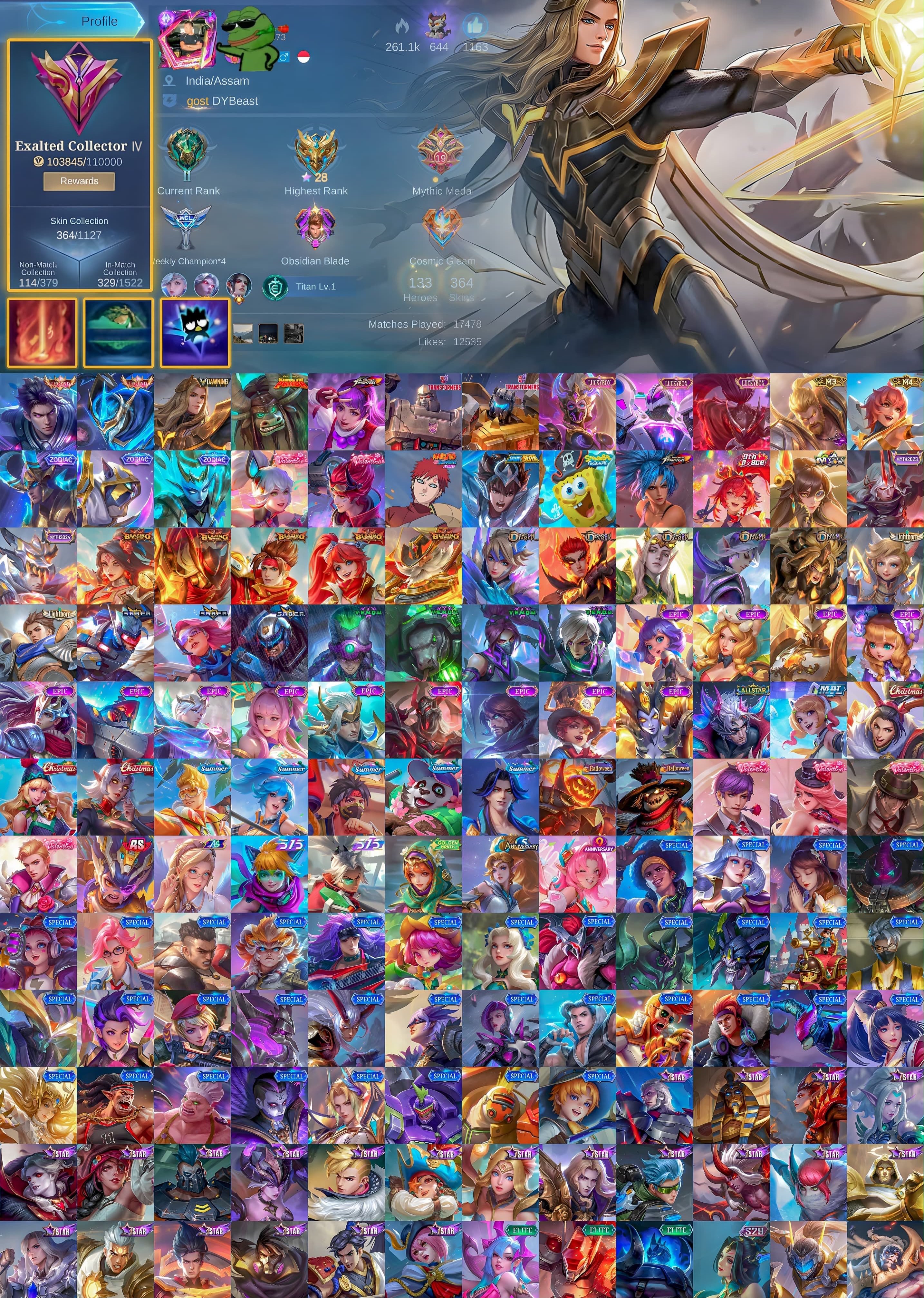 👑 Gusion Legend 🌅 Lancelot Dawning Star 🐼 Tamuz Kai 🤖 Granger Transformer 🏆 Roger M3 🥊 Guinevere KOF, Sale, Rank: Mythical Immortal, Level: 127, Winrate: 50%, Heroes: 133, Skins: 364