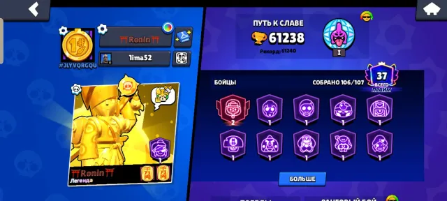 Selling account in Brawl Stars since 2024, 61238 trophies, 106 brawlers, 37 primes