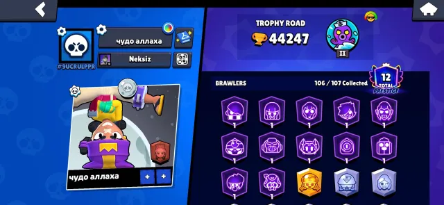 good account for twink/main + Clash Royale, 44000 trophies, 106 brawlers, 12 primes