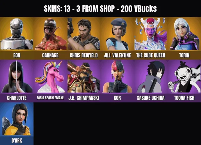 [PC/PSN/XBOX] 13 skins🔥Eternity🔥Thorin🔥Queen of Cuba🔥Sasuke Uchiha🔥Chris Redfield🔥Kora🔥Fabio, Sale, skins 13