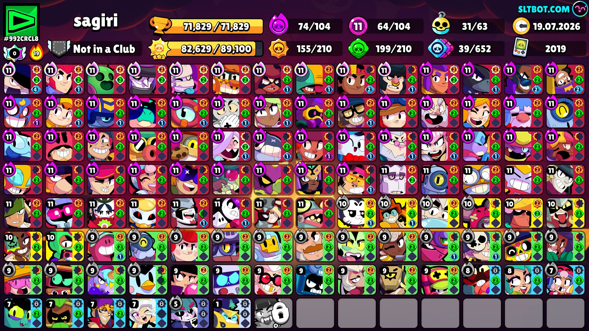 64 – 11x powers 💪 74 – hypercharges 🟣 378 skins Glory: Solar 🔱 2019, trophies 71829, brawlers 104, primes 34