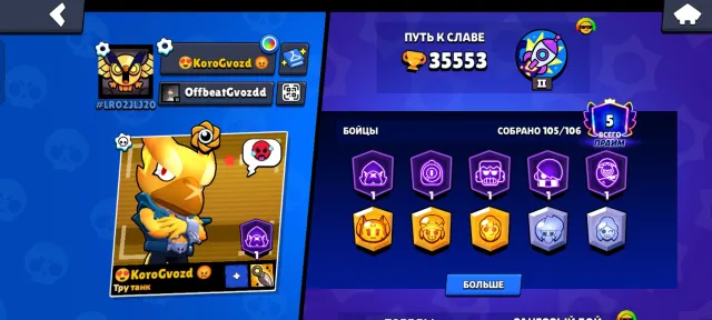 Top account with many rare skins, 30100 trophies, 105 brawlers, 5 primes