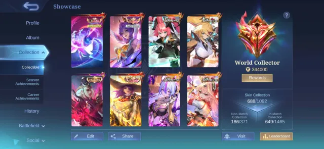 World Collector 344k Points, Gold Tag legend Layla & Silver Tag Legend Fanny, Продажа, Ранг: Мифический, Уровень: 120, Процент побед: 53%, Герои: 132, Облики: 688