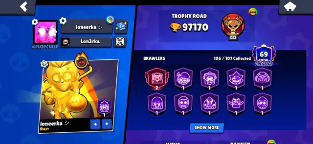 🏆97k🏆, PREFERRED FOR BUZZ/BEA MAINERS, ✨REG 2019✨,💳4BP💳, read description, 97000 trophies, 107 brawlers, 69 primes