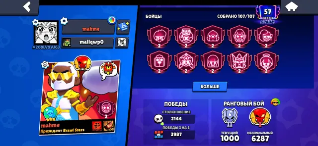 Great account for a main, has a title for the purchased BP, all brawlers, 31 11 power, many skins, 82300 trophies, 108 brawlers, 57 primes