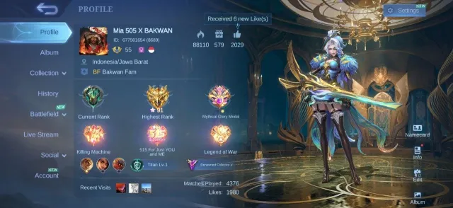 KOF Karina✨Myth Clint⚡Hylos🌟Epic Gusion💫Leomord✨Gara Vale⚡M Wanwan💎Emblem Hero Max, Продажа, Ранг: Епік, Уровень: 55, Процент перемог: 55%, Герої: 109, Облики: 195