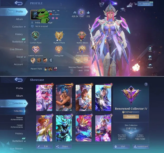 🔥Empty 👑 Freya Legendary 🥊 Karina KOF 🌟 Lesley Golden Star, Продажа, Ранг: Мифический, Уровень: 55, Процент побед: 55%, Герои: 121, Облики: 214