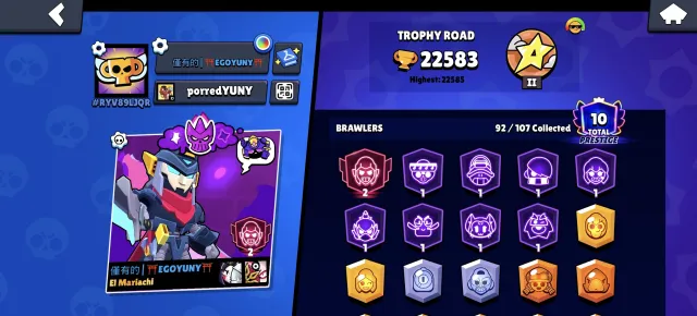 22500+ trophies 💸 92 brawlers 💸 84 epic skins 💸 11 mythical skins 💸 50 hypercharges 💸, 22500 trophies, 92 brawlers, 10 primes