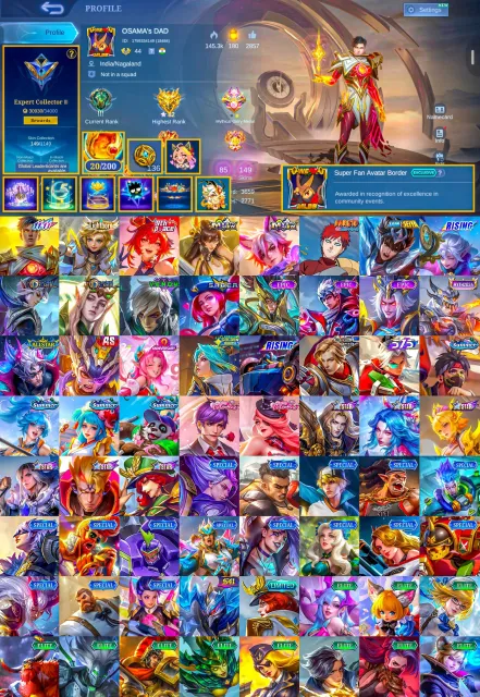 11.11 Gossen, Mystic Meow Julian Leslie, Naruto Veil, Holy Seiya, Global 🔥, Sale, Rank: Mythical Glory, Level: 74, Win Rate: 50%, Heroes: 85, Skins: 149