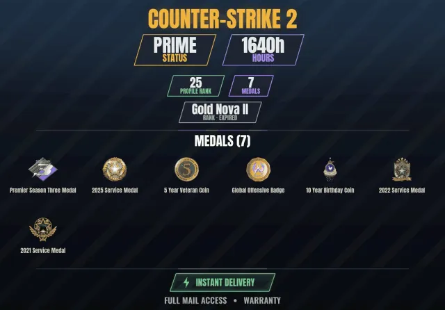 CS2 Prime💠1600h💎7 medals Anniversary coin 10 years, Service medal 2021, Service medal 2022, Sale, With inventory, Has PRIME