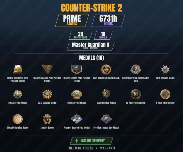 【CS2 Prime🏆6700h🎮16 medals】 Golden coin of the Wildfire operation, 10-year veteran coin, Silver, Sale, With inventory, Has PRIME