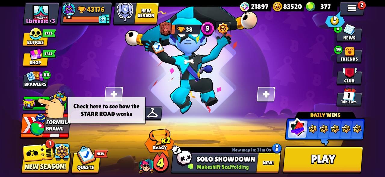 43k 🏆, 83 brawlers + Kadze, 8 leg, 19 11 strength + 16 hyper, 377 gems, 200 skins, description👇, trophies 43000, brawlers 83