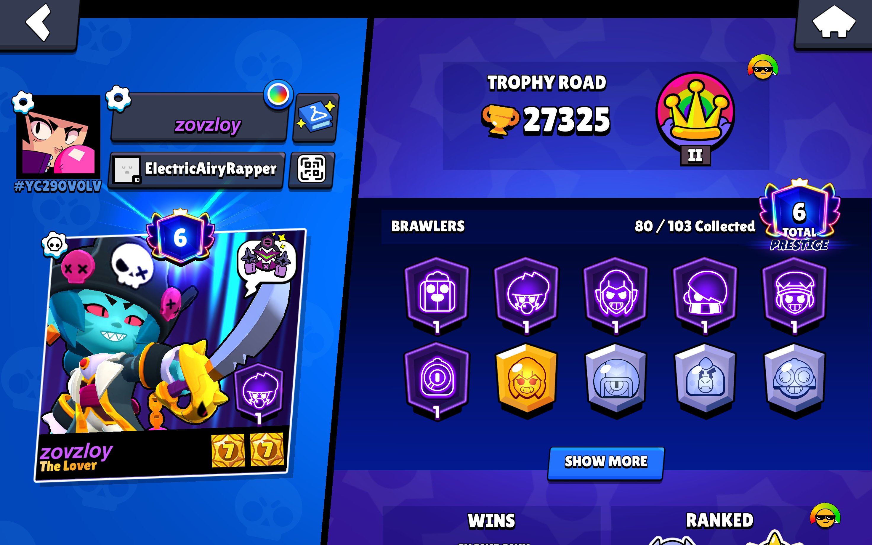 TOP ACCOUNT FOR BEGINNERS ✨ 27K CUPS, SKINS FOR 16K GEMS🥓 ACCOUNT 2022 YEAR🗡️, trophies 27325, brawlers 80, primes 6